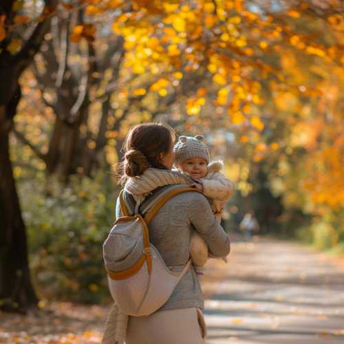 Mutter mit ihrem Baby im Park und trägt das baby in einer Babytrage