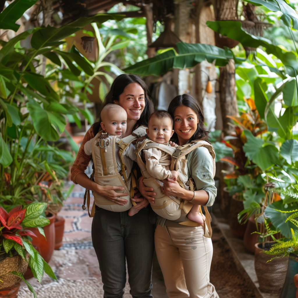 Mütter tragen ihre Babys in einer Fullbuckle trage umgeben von Pflanzen